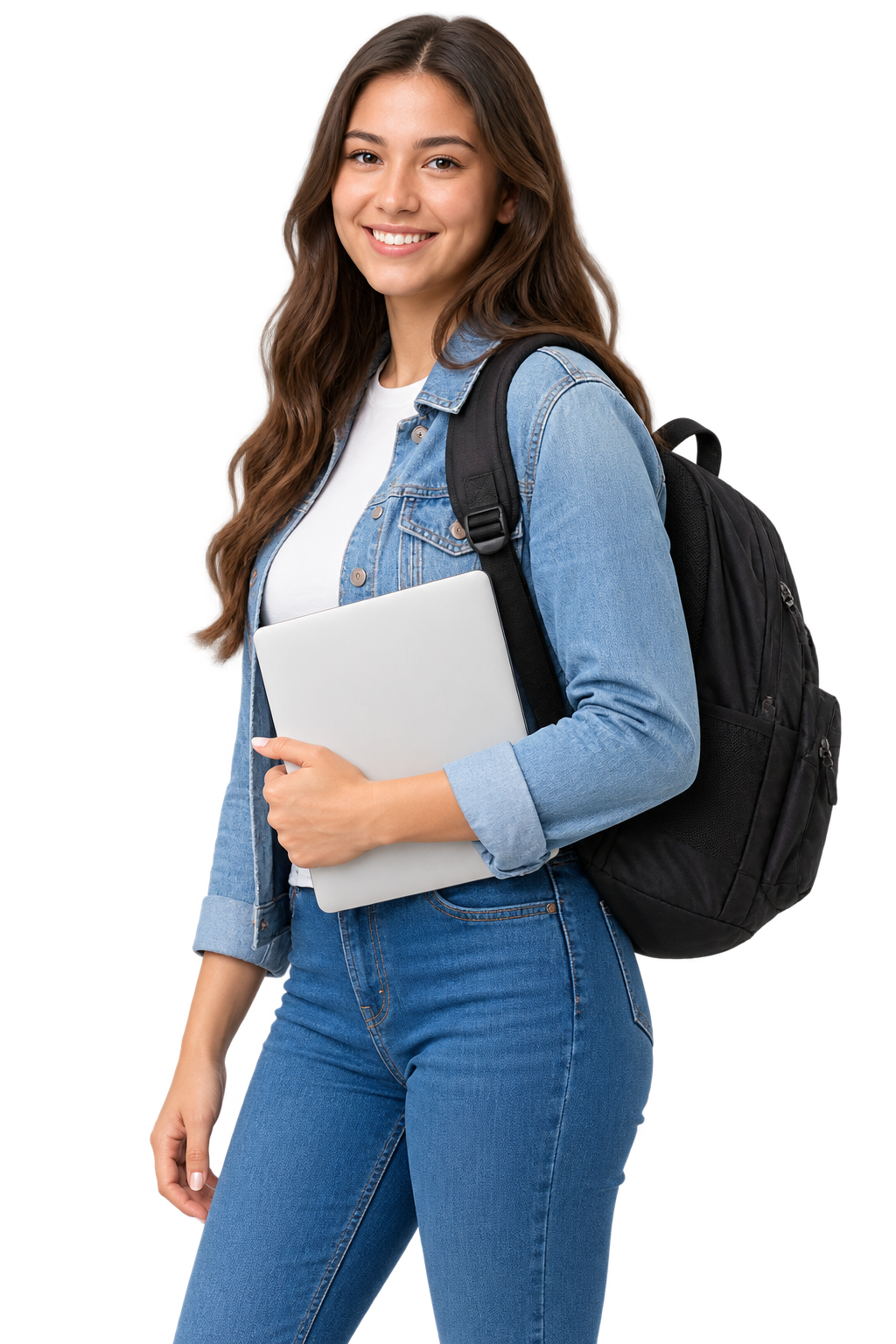 Student holding a laptop and wearing a backpack