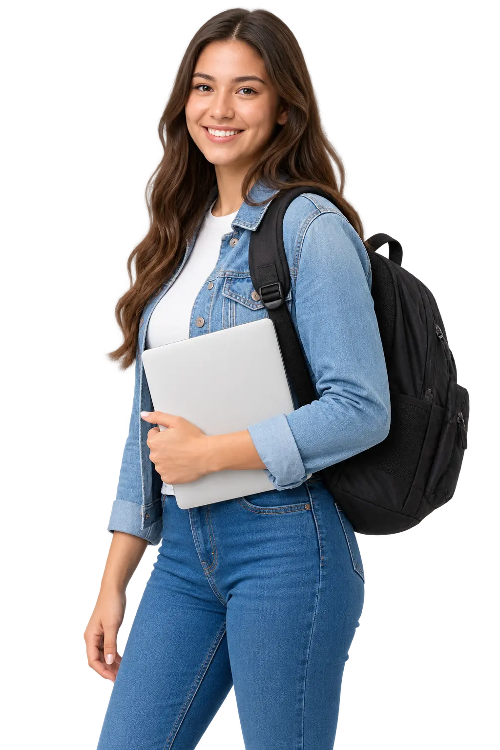 Student holding a laptop and wearing a backpack